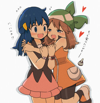 2girls bandana bike_shorts black_shirt black_shorts blue_eyes blue_hair blush bon_bon brown_hair dawn_(pokemon) dress drooling drunk green_bandana hair_ornament hairclip heart highres hug leg_up looking_at_another may_(pokemon) mouth_drool multiple_girls nintendo open_mouth orange_dress pink_skirt pokemon pokemon_(anime) pokemon_dppt_(anime) shirt shorts skirt sleeveless sleeveless_dress xrqu2xk8qb47501 yuri