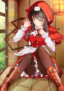 Rule 34 | 1girl, animal, animal ears, animal hood, animal on head, asakura karen (heaven burns red), asakura karen (little red rebel hood) (heaven burns red), ascot, black hair, black pantyhose, blurry, boots, braid, brown boots, buttons, capelet, cat, cat ears, cat hood, cat on head, claw pose, closed mouth, commentary, cosplay, day, demon tail, depth of field, double-breasted, dress, eyelashes, fake animal ears, frilled capelet, frilled dress, frilled sleeves, frills, full body, furrowed brow, hands up, heaven burns red, highres, hood, hood up, hooded capelet, indoors, knees together feet apart, lace-up boots, lantern, little red riding hood (fairy tale), little red riding hood (fairy tale character), little red riding hood (fairy tale character) (cosplay), long sleeves, looking at viewer, low twin braids, official alternate costume, official alternate hairstyle, on floor, on head, pantyhose, red capelet, red dress, shirt, sitting, sleeveless, sleeveless dress, smile, solo, striped clothes, striped dress, sunlight, tail, tail raised, thighs, tsukune2398, twin braids, upskirt, vertical-striped clothes, vertical-striped dress, white ascot, white shirt, window, window shadow, wooden floor, wooden wall, yellow eyes