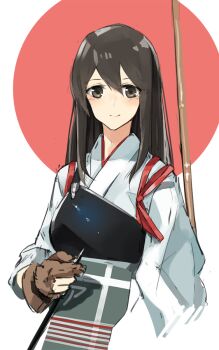 Rule 34 | 1girl, akagi (kancolle), arrow (projectile), blush, bow (weapon), brown eyes, brown gloves, brown hair, commentary request, gloves, hair between eyes, hayashi kewi, holding, holding arrow, japanese clothes, kantai collection, kimono, long hair, looking at viewer, muneate, partially fingerless gloves, partly fingerless gloves, simple background, smile, solo, tasuki, two-tone background, upper body, weapon, white kimono, yugake