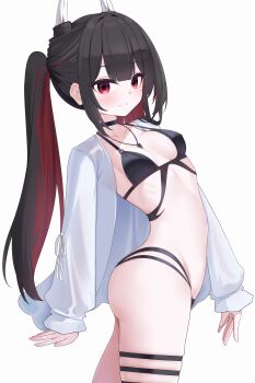 1girl absurdres arm_behind_back ass azur_lane bikini black_bikini black_choker black_hair blush breasts brown_hair choker demon_girl demon_horns from_side hatsuzuki_(august&#039;s_first_romance)_(azur_lane) hatsuzuki_(azur_lane) highres horns jewelry long_hair looking_at_viewer multicolored_hair multiple_thigh_straps necklace oni open_clothes open_shirt red_hair shirt skindentation small_breasts smile solo standing streaked_hair swimsuit thigh_strap thighs two-tone_hair very_long_hair white_shirt zerotwenty_(020)