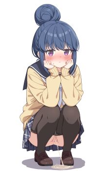 1girl absurdres anus black_sailor_collar blue_hair blue_skirt blush brown_shoes clothes_pull commentary_request embarrassed full_body hair_bun highres loafers looking_at_viewer motosu_school_uniform neckerchief pantyhose pantyhose_pull peeing plaid_clothes plaid_skirt purple_eyes pussy sailor_collar school_uniform setteiset shima_rin shoes short_hair sidelocks simple_background skirt solo squatting sweater uncensored white_background white_neckerchief yellow_sweater yurucamp