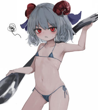 1girl absurdres alternate_costume bikini blue_bikini collarbone commentary cowboy_shot curly_hair highres horn_ornament horn_ribbon horns looking_at_viewer micro_bikini navel oversized_object red_eyes red_horns reverinth ribbon sharp_teeth sheep_horns side-tie_bikini_bottom simple_background solo squiggle stomach sweatdrop swimsuit teeth touhou toutetsu_yuuma white_background