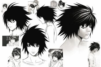 1boy adam&#039;s_apple bags_under_eyes black_eyes black_hair closed_mouth death_note hair_between_eyes highres l_(death_note) male_focus messy_hair monochrome nifast_(greentail) nostrils official_style parted_lips reference_inset shirt short_hair upper_body white_background white_shirt