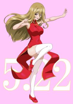 1girl ass blonde_hair blush breasts brown_eyes china_dress chinese_clothes covered_navel dress full_body girls_und_panzer highres large_breasts long_hair looking_at_viewer nao_(nao_puku777) nekonyaa_(girls_und_panzer) open_mouth pink_background red_dress simple_background sleeveless smile solo thighhighs white_thighhighs