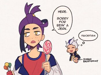 2boys :d apologizing arrow_(symbol) black_hair blush candy closed_eyes commentary drayton_(pokemon) english_text food gloves holding jacket kieran_(pokemon) lollipop male_focus multicolored_hair multiple_boys nintendo off_shoulder open_mouth partially_fingerless_gloves pokemon pokemon_sv purple_hair red_gloves red_shirt shirt single_glove sleeveless sleeveless_shirt smile speech_bubble submashell sweatdrop tank_top thought_bubble two-tone_hair white_background white_jacket yellow_eyes