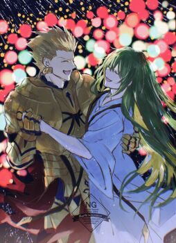 Rule 34 | 1boy, 1other, androgynous, armor, blonde hair, dancing, enkidu (fate), fate/strange fake, fate (series), gilgamesh (fate), gold armor, green hair, happy, kuraju12000, long hair, other with male, robe, smile, toga, white robe