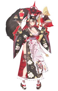 02milos02 1girl absurdres animal_ear_fluff animal_ears apron black_hair black_kimono blue_archive breasts cleavage colored_inner_hair commentary fox_ears fox_girl fox_tail hairband halo highres holding holding_tray japanese_clothes kimono large_breasts long_hair maid maid_apron mixed-language_commentary multicolored_hair multilingual_commentary platform_sandals red_hair red_halo sandals sash side_slit solo tail thigh_strap tray two-tone_hair wakamo_(blue_archive) white_sash yellow_hairband