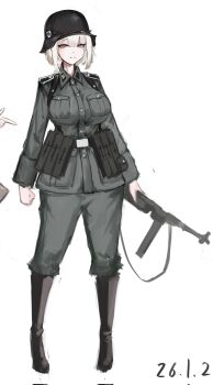 1girl black_boots boots breasts burety75200 closed_mouth commentary english_commentary epaulettes full_body grey_hair grey_jacket grey_pants gun helmet highres holding holding_gun holding_weapon jacket large_breasts medium_hair military_jacket military_uniform original pants red_eyes simple_background smile solo weapon wehrmacht white_background world_war_ii