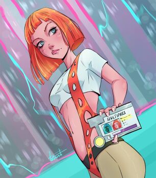 1girl aqua_eyes artist_name blunt_bangs blunt_ends bob_cut breasts card closed_mouth commentary crop_top dutch_angle english_commentary from_side holding holding_card id_card leeloo_(the_fifth_element) light_blush lips looking_afar looking_to_the_side midriff navel one-piece_swimsuit orange_hair orange_one-piece_swimsuit orange_slingshot_swimsuit shirt short_hair short_sleeves signature slingshot_swimsuit small_breasts standing swimsuit swimsuit_over_clothes tania_(vesnushka_art) the_fifth_element white_shirt yellow_leggings