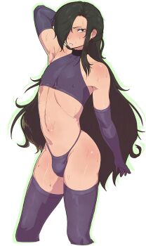 1boy black_hair covered_erect_nipples cowboy_shot crop_top crossdressing crossdressing_(mtf) earrings elbow_gloves gloves hair_over_one_eye highres im_aedf jewelry long_hair natsuki_subaru navel panties purple_gloves purple_panties purple_thighhighs re:zero_kara_hajimeru_isekai_seikatsu solo standing stud_earrings sweat thighhighs trap underwear