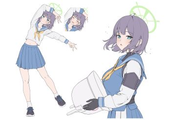 1girl absurdres animal_ear_helmet animal_helmet bare_legs black_gloves blue_archive blue_eyes blue_sailor_collar blue_skirt blue_vest blush breasts closed_eyes expressionless from_side frown full_body gloves hair_between_eyes happy helmet highres large_breasts medium_breasts medium_hair miniskirt multiple_views navel neckerchief nervous purple_hair sailor_collar saki_(blue_archive) samgong school_uniform serafuku shirt skirt smile standing standing_on_one_leg unworn_headwear unworn_helmet upper_body vest white_shirt yellow_neckerchief
