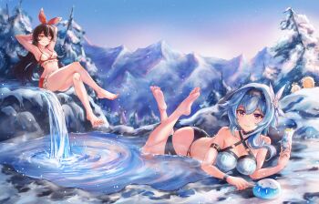 4girls absurdres amber_(genshin_impact) armpits arms_behind_head ass bare_legs bare_shoulders barefoot bikini black_bikini blonde_hair blue_bikini blue_hair breasts brown_hair criss-cross_halter crossed_legs cup eula_(genshin_impact) genshin_impact halterneck henjiwumei highres holding holding_cup large_breasts long_hair lumine_(genshin_impact) lying mountainous_horizon multicolored_bikini multiple_girls on_stomach paimon_(genshin_impact) peeking red_bikini short_hair sitting slime_(creature) small_breasts snow snow_on_tree star-shaped_pupils star_(symbol) stomach swimsuit symbol-shaped_pupils two-tone_bikini water white_bikini white_hair yellow_eyes