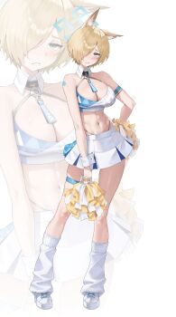 1girl absurdres alter_(kxk7357) animal_ears blonde_hair blue_archive blue_eyes blush breasts cheerleader cleavage commentary_request detached_collar dog_ears full_body hair_over_one_eye halo highres kanna_(blue_archive) large_breasts looking_at_viewer loose_socks millennium_cheerleader_outfit_(blue_archive) navel one_eye_covered pom_pom_(cheerleading) shoes short_hair socks solo sports_bra standing star_(symbol) star_sticker sticker stomach thigh_strap white_shoes white_socks white_sports_bra zoom_layer
