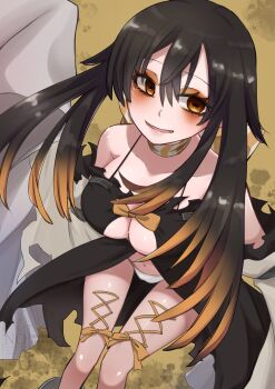 1girl 756san amo_empool black_dress black_hair breasts cleavage commentary detached_sleeves dress eyelashes eyeshadow gachiakuta gradient_hair hair_between_eyes highres horizontal_pupils large_breasts long_hair looking_at_viewer makeup multicolored_hair navel open_mouth orange_eyes orange_eyeshadow orange_hair orange_scarf scarf sidelocks smile solo striped_clothes striped_scarf two-tone_hair two-tone_scarf watermark white_scarf white_sleeves