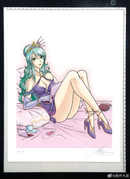 1girl absurdres ankle_lace-up bare_shoulders bed_sheet book breasts cleavage cleavage_cutout clothing_cutout computer crossed_legs cup cushion mp3_player dress elbow_gloves fake_scan full_body gloves green_eyes green_hair hair_bun hair_ornament high_heels highres knees_up laptop large_breasts long_hair looking_at_viewer mature_female mocha_(star_guardians) open_book power_symbol purple_dress purple_footwear purple_gloves red_lips saucer short_dress signature sitting solo star_guardians teacup watermark wavy_hair weibo_watermark yan_kai