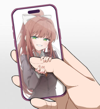 Rule 34 | 1girl, 1other, alephan, blazer, bow, brown hair, cellphone, commentary, doki doki literature club, green eyes, grey jacket, hair bow, hashtag-only commentary, high ponytail, highres, holding, holding phone, jacket, long hair, monika (doki doki literature club), phone, ponytail, pov, pov hands, smartphone, smile, solo focus, white bow