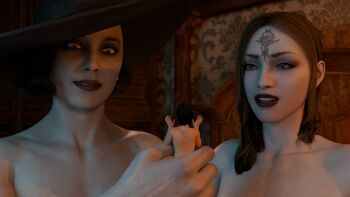 3d 3girls ada_wong alcina_dimitrescu cassandra_dimitrescu highres mini_person minigirl mistawanka multiple_girls resident_evil resident_evil_village size_difference