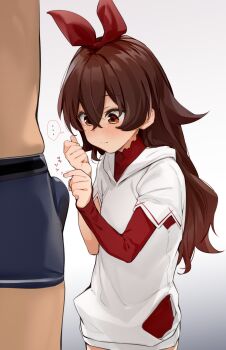 ... 1boy 1girl age_difference aged_down amber_(genshin_impact) blush bow boxers brown_hair bulge closed_mouth clothed_female_nude_male commentary_request curious erection genshin_impact hair_bow hetero highres hood hoodie loli long_sleeves male_underwear nude penis_awe red_bow solo_focus speech_bubble thought_bubble topless_female underwear uno_ryoku