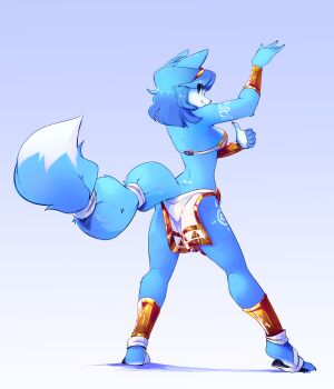 1girl animal_ears animal_nose arm_tattoo arm_up back bandeau blue_background blue_eyes blue_fur blue_hair blue_theme body_fur bracer breasts elizzylilith eyes_visible_through_hair female_focus foot_wraps fox_ears fox_girl fox_tail from_behind full_body furry furry_female gold_hairband gold_trim gradient_background grin hairband hand_up happy heel_up kneepits krystal leg_tattoo legs_apart looking_at_viewer looking_back matching_hair/eyes medium_breasts nintendo shin_guards short_hair sidelocks simple_background smile snout solo standing star_fox star_fox_adventures tail tail_ornament tail_ring tattoo teeth thumbs_up two-tone_fur white_bandeau white_fur white_loincloth