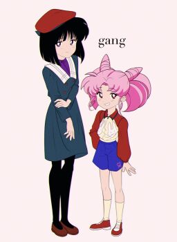 2girls beret bishoujo_senshi_sailor_moon black_pantyhose blue_shorts blunt_bangs chibi_usa child dress earrings green_dress hat highres jewelry kibblebeans loafers multiple_girls pantyhose pink_hair purple_shirt red_button red_hat red_shirt shirt shoes shorts smile socks stud_earrings tomoe_hotaru