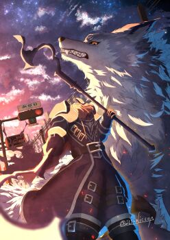 Rule 34 | 1boy, absurdres, animal, ascot, belt, black belt, black boots, black coat, boots, coat, commentary request, dullahan, fate/grand order, fate (series), headless, hessian (fate), highres, holding, holding staff, leg belt, lobo (fate), long sleeves, male focus, orange eyes, outdoors, red ascot, sisualicon, staff, standing, star (sky), traffic light, twitter username, wolf