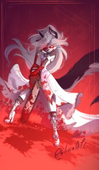 1girl absurdres animal_ears blood boots breasts chainsaw cleavage colored_sclera dress earrings fangs furry hellaverse hellhound helluva_boss high_heel_boots high_heels highres jewelry long_hair looking_at_viewer loona_(helluva_boss) multicolored_fur power_tool red_eyes red_sclera ribbon_shoes silcia tail tiara wedding_dress white_heels wolf_ears wolf_girl wolf_tail