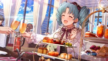 1girl 1other :d blouse blush closed_eyes commentary_request cup day dessert drill_hair drinking_glass food game_cg green_hair hairband idolmaster idolmaster_million_live! idolmaster_million_live!_theater_days indoors long_sleeves macaron official_alternate_costume official_alternate_hairstyle official_art open_mouth parfait restaurant shirt short_hair sitting smile table third-party_source toasting_(gesture) tokugawa_matsuri twin_drills white_shirt
