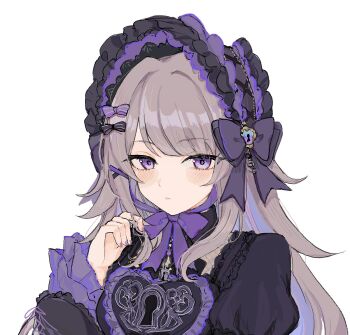 1girl alternate_costume blush bonnet bow brown_hair commentary frills gothic_lolita hair_ornament herta_(honkai:_star_rail) highres honkai:_star_rail honkai_(series) lock lolita_fashion long_hair m_mo6e nail_polish puffy_sleeves purple_eyes ribbon symbol-only_commentary the_herta_(honkai:_star_rail) the_herta_(tea_break)_(honkai:_star_rail) white_background x_hair_ornament