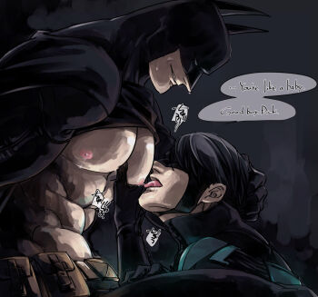 2boys abs bara bare_pectorals batman batman_(series) belt black_bodysuit black_cape black_hair bodysuit bruce_wayne cape closed_eyes clothes_lift dc_comics dick_grayson father_and_son fuji_biotope6 groping incest large_pectorals licking licking_nipple looking_at_another male_focus mask multiple_boys muscular muscular_male nightwing nipple_stimulation nipples pectoral_grab pectorals short_hair smile tongue tongue_out yaoi