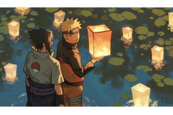 2boys absurdres bandaged_leg bandages black_hair black_headband black_sleeves blonde_hair blue_eyes border facial_mark haruiro_(hrm_ino) headband highres holding holding_lantern jacket konohagakure_symbol lantern letterboxed lily_pad looking_at_another male_focus multicolored_jacket multiple_boys naruto_(series) naruto_shippuuden open_mouth orange_jacket orange_pants pants shirt short_hair smile spiked_hair stanchion two-tone_jacket uchiha_sasuke upper_body uzumaki_naruto whisker_markings white_border white_shirt