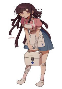 Rule 34 | 1girl, apron, bag, bandaged leg, bandages, bandaid, bandaid on knee, bandaid on leg, black hair, breasts, brown eyes, collared shirt, danganronpa (series), danganronpa 2: goodbye despair, highres, holding, holding bag, leaning forward, long hair, medium breasts, mi shengwu 3.2 hao, mole, mole under eye, pink shirt, pleated skirt, puffy short sleeves, puffy sleeves, shirt, shoes, short sleeves, simple background, skirt, socks, solo, standing, tearing up, tsumiki mikan, white background