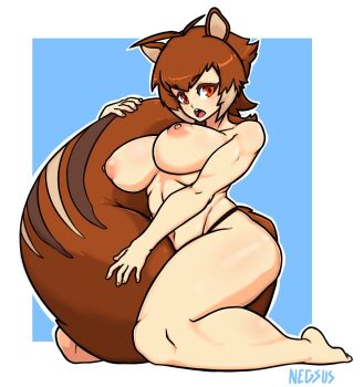 1girl animal_ears blazblue brown_eyes brown_hair looking_at_viewer looking_to_the_side makoto_nanaya negsus nipples nude short_hair sitting squirrel_ears squirrel_girl squirrel_tail tail teeth upper_teeth_only white_hair