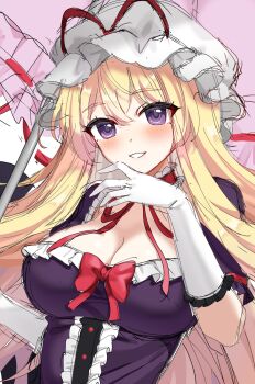 1girl blonde_hair blush breasts choker cleavage cleavage_cutout clothing_cutout commentary dnrnak dress frills gloves hair_between_eyes hand_up hat highres holding holding_umbrella large_breasts long_hair looking_at_viewer mob_cap parted_lips pink_umbrella purple_dress purple_eyes ribbon ribbon_choker smile solo touhou umbrella upper_body white_gloves yakumo_yukari