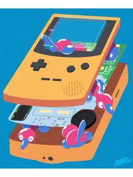 absurdres beak blue_background cross-section d-pad game_boy game_boy_color gen_2_pokemon glitch handheld_game_console highres motherboard nintendo pokemon pokemon_(creature) pokemon_focus porygon2 push-button sakanagi_(a_r_co) screen speaker tail