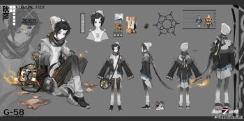 1boy absurdres bag bangs_pinned_back beanie black_jacket black_pants black_scarf black_sclera black_shoes burning_clothes burnt chinese_commentary closed_mouth colored_sclera colored_skin copyright_name cross-laced_clothes cross-laced_top fire forever_7th_capital freckles full_body gradient_pants grey_background grey_jacket hat highres horns incredibly_absurdres jacket knees_up leg_warmers long_shirt long_sleeves looking_at_viewer male_focus multiple_views off-shoulder_jacket off_shoulder official_art pants paper patchwork_clothes pink_eyes qiu_yan_(forever_7th_capital) reference_inset reference_sheet scarf shirt shoes short_hair shoulder_bag sidelocks simple_background single_horn sitting skin-covered_horns sleeves_past_fingers sleeves_past_wrists solo ssr_dianji_jiu_song standing tareme tight_clothes tight_pants turnaround watermark wavy_mouth weibo_watermark white_hat white_horns white_leg_warmers white_pants white_shirt white_skin zoom_layer