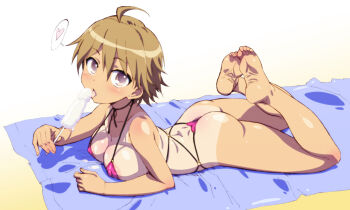 1girl ahoge arched_back ass barefoot bikini blush breast_press breasts brown_eyes brown_hair covered_erect_nipples dimples_of_venus feet female_focus food from_side heart holding holding_food ice_cream legs legs_folded licking looking_at_viewer lying makinaru medium_breasts micro_bikini o-ring o-ring_bikini on_stomach one-piece_tan phallic_symbol photoshop_(medium) popsicle sexually_suggestive short_hair soles solo source_request spoken_heart swimsuit tan tanline the_pose thong thong_bikini toe_scrunch toes towel underwear