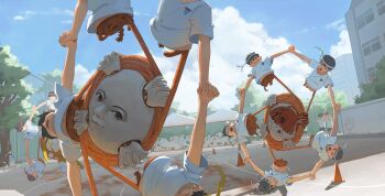 6+boys absurdres bisected blood blue_sky building chinese_commentary cloud commentary_request day guro gym_uniform headband highres holding_hands horror_(theme) intestines mayozom multiple_boys navel original outdoors red_headband running_track shirt short_sleeves sky spine traffic_cone tree what white_headband white_shirt