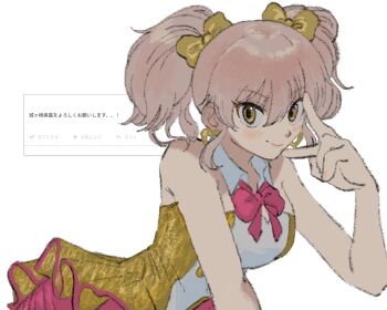 1girl bad_id bad_twitter_id bare_shoulders bow bowtie breasts cleavage detached_collar earrings hair_between_eyes hair_bow highres idol_clothes idolmaster idolmaster_cinderella_girls jewelry jougasaki_mika long_hair looking_at_viewer medium_breasts odaibako pink_bow pink_bowtie pink_hair request_inset shirt simple_background smile solo subro twintails upper_body v v_over_eye white_background yellow_eyes yellow_shirt