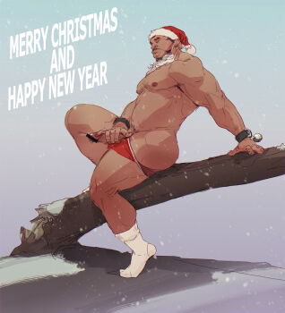 1boy bad_id bad_pixiv_id bara belly branch breaking bulge christmas closed_eyes clothing_aside erection erection_under_clothes fake_beard fake_facial_hair from_side full_body happy_new_year hat heavy highres large_pectorals looking_ahead male_focus male_masturbation male_underwear male_underwear_aside masturbation mature_male merry_christmas muscular muscular_male navel new_year nipples original pectorals precum red_hat santa_costume santa_hat short_hair snowing socks solo sparse_chest_hair thick_eyebrows thick_thighs thighs tooboshoo topless_male underwear