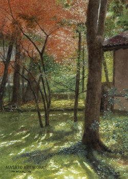 Rule 34 | artist name, bare tree, building, commentary request, dappled sunlight, day, grass, highres, kyoto, no humans, original, outdoors, painting (medium), scenery, signature, sunlight, traditional media, tree, watanabe masato, watercolor (medium)