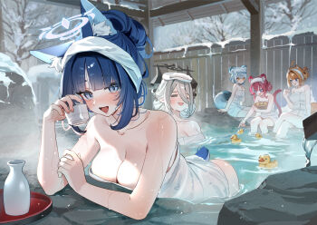 5girls alcohol bathing blue_hair character_request copyright_request grey_hair looking_at_viewer multiple_girls onsen pointy_ears rubber_duck ruiuncle sake snow tail water