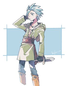 1boy bead_necklace beads belt blue_background blue_eyes blue_hair blue_pants boots border brown_belt camus_(dq11) cowboy_shot dagger dragon_quest dragon_quest_xi earrings frown green_jacket hair_slicked_back hand_in_own_hair holding holding_dagger holding_knife holding_weapon hood hood_down hooded_jacket jacket jewelry knife male_focus michibata_65 necklace orange_boots pants short_hair solo weapon white_border