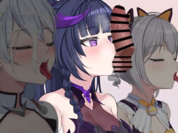 1boy 3girls :d bar_censor bare_shoulders blush bodysuit bow breasts bronya_zaychik bronya_zaychik_(yamabuki_armor) censored cleavage cleavage_cutout closed_eyes clothing_cutout commentary_request disembodied_penis drill_hair fake_horns grey_hair hair_bow halloween_costume hetero homu_(honkai_impact) honkai_(series) honkai_impact_3rd horns hyunjjing kiana_kaslana kiana_kaslana_(white_comet) leotard long_hair mosaic_censoring multiple_girls open_mouth oral oral_invitation penis ponytail purple_eyes purple_hair purple_leotard raiden_mei raiden_mei_(eventide_phantom) raiden_mei_(lightning_empress) smile testicle_sucking tongue tongue_out twin_drills upper_body very_long_hair white_bodysuit white_hair yellow_bow yellow_leotard