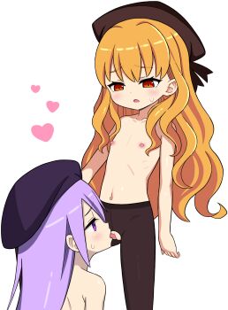 2girls ami_(ammy33) black_hat black_pantyhose blush cleft_of_venus crotchless crotchless_pantyhose cunnilingus etrian_odyssey female_focus flat_chest hat heart kodomo_doushi licking loli long_hair multiple_girls navel nipples open_mouth oral orange_eyes orange_hair pantyhose purple_eyes purple_hair pussy sekaiju_no_meikyuu sekaiju_no_meikyuu_3 standing sweatdrop tongue tongue_out topless_female uncensored white_background yuri zodiac_(sekaiju) zodiac_2_(sekaiju) zodiac_4_(sekaiju)