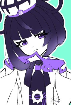 1girl black_bow black_bowtie black_hair black_shirt bow bowtie closed_mouth commentary eyelashes gloves green_background gwynn_(pokemon) hands_up hat head_tilt index_fingers_together jacket long_hair long_sleeves meru_merume603 nintendo open_clothes open_jacket outline pokemon pokemon_legends:_z-a purple_eyes purple_gloves shirt signature solo split_mouth upper_body white_jacket