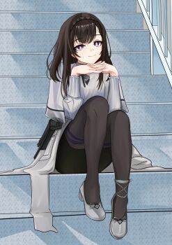 1girl absurdres arknights black_hairband bright_pupils brown_hair brown_pantyhose closed_mouth coat diamond-shaped_pupils diamond_(shape) fingernails full_body grey_coat grey_shirt grey_shoes hairband head_rest highres interlocked_fingers lab_coat long_sleeves looking_at_viewer medium_hair own_hands_together pantyhose priestess_(arknights) purple_eyes shirt shoes sitting sitting_on_stairs smile solo stairs symbol-shaped_pupils wanskuy white_pupils