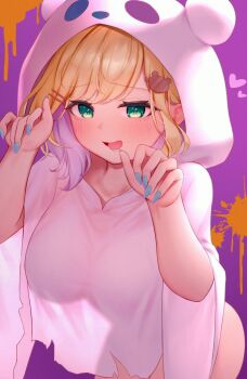 1girl animal_hood bear_hair_ornament bear_hood blonde_hair blush breasts commentary english_commentary fingernails ghost_costume green_eyes hair_ornament hairclip highres hood kurumi_noah large_breasts looking_at_viewer medium_hair nail_polish nokonata open_mouth orange_background pink_hair purple_background see-through_silhouette smile solo thighs virtual_youtuber vspo! white_hood