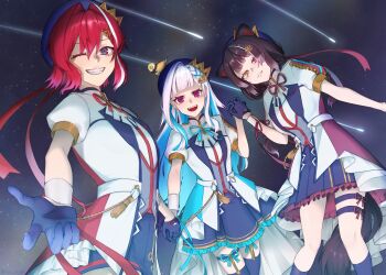 Rule 34 | 3girls, :3, ange katrina, animal, animal ears, animal on head, beret, bird, bird on head, blue eyes, blue gloves, blue hair, blue hat, blue ribbon, blue shorts, blue skirt, blue socks, blue thighhighs, braid, breasts, brown hair, brown tail, closed mouth, colored inner hair, commentary request, contrast lapels, crown hat ornament, dog ears, dog girl, dog tail, fang, fang out, flower, frilled skirt, frills, gloves, grin, group picture, hair between eyes, hair flower, hair intakes, hair ornament, half gloves, hat, heterochromia, holding hands, idol clothes, interlocked fingers, inui toko, jacket, lapels, leg ribbon, legwear garter, lize helesta, long bangs, long hair, looking at viewer, medium hair, miniskirt, multicolored hair, multiple girls, neck ribbon, nijisanji, on head, one eye closed, pleated skirt, puffy short sleeves, puffy sleeves, purple ribbon, re:sty, reaching, reaching towards viewer, red eyes, red hair, red ribbon, ribbon, sanbaka (nijisanji), sanbaka anniversary outfit, sebastian piyodore, shooting star, short sleeves, shorts, single hair intake, single wrist cuff, skirt, sky, small breasts, smile, socks, star (sky), starry sky, streaked hair, tail, tassel, thigh ribbon, thigh strap, thighhighs, twitter username, two-tone hair, very long hair, virtual youtuber, white hair, white jacket, wrist cuffs, yellow bird, yellow eyes, zettai ryouiki