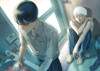 2boys belt black_belt black_hair black_pants buttons closed_mouth collarbone collared_shirt commentary_request door doorknob highres hikaru_ga_shinda_natsu indou_hikaru knees_up laundry_basket looking_at_another male_focus mokumokuren_(mokmok_len) mole mole_on_arm mole_on_cheek mole_under_mouth multiple_boys multiple_moles no_shoes official_art on_ground pants pocket red_pupils shirt short_hair short_sleeves sitting standing topless_male tsujinaka_yoshiki washing_clothes water white_hair white_shirt