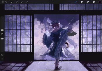 1girl art_program_in_frame barefoot blue_dress blue_hat collarbone commentary dress full_body hand_fan hat highres holding holding_fan indoors mob_cap off_shoulder paper_fan pink_hair saigyouji_yuyuko short_hair shouji sliding_doors solo standing touhou tsuyuji_shigure unfinished